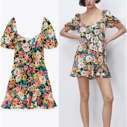 2021 Za Short Puff Sleeve Floral Print Summer Dress Women Elastic Waist Mini Party Dresses Woman Fashion Button Up Flower Dress