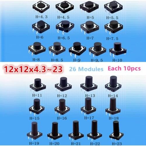 260pcs Assorted Micro Tactile Push Button Touch Tact Switch Kit 12x12x11~23 DIP 4 Pin Home appliances Repair 12*12