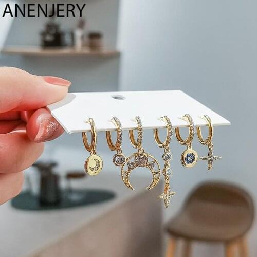 ANENJERY 6 pieces/set 925 Sterling Silver Star Moon Hoop Earrings Set Shiny Micro Zircon Earrings for Women Luxury Jewelry