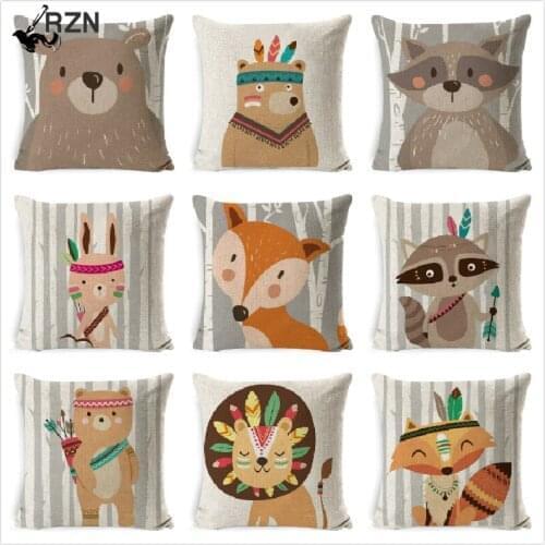 Tribe Woodland Animal Cushion Cover Bear Fox Print Linen Pillow Case Decorative For Chair Sofa Home Decor Throw Pillowcase
