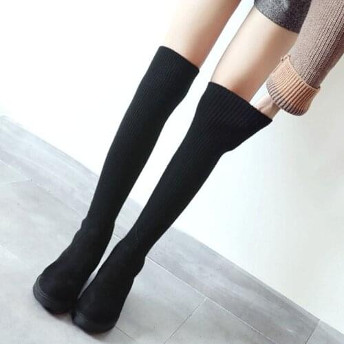 Elastic Slim Autumn Socks Boots Women Fashion Low Heels Thigh High Boots Female 2021 Spring Knitted Over-the-knee Girls Black