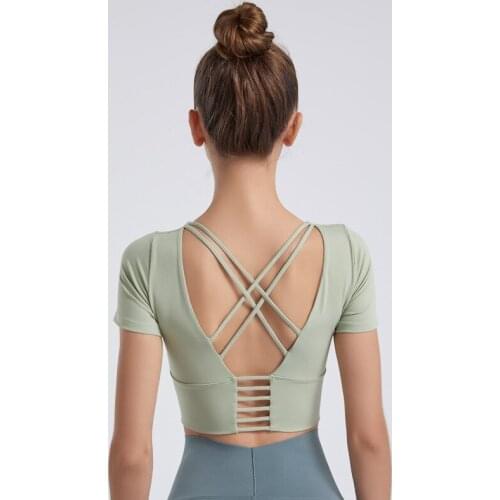 Yoga Shirts Sexy Backless Cropped Top Running Workout Womens Sport T-Shirts Fitness Wear Breathable Short Sleeve Tight Soft