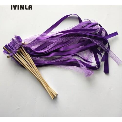 Hot 50pcs/lot dark purple Lace Wedding Ribbon Wands and big Bells for wedding decoration