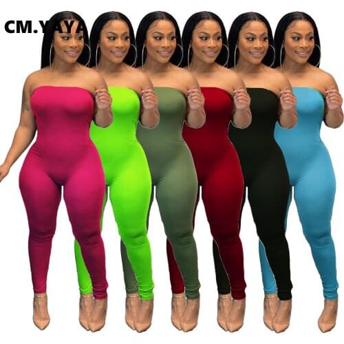 CM.YAYA Women Strapless Elastic Jumpsuit Solid Activewear Fashion Sport One piece Overall Bodycon Romper Outfit Playsuit
