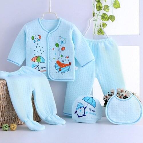 TELOTUNY Childrens clothing 5PCS Newborn Baby Boy Girl Cartoon Print Long Sleeve Button Tops+Hat+Pants +Bib Outfits Set Jul3