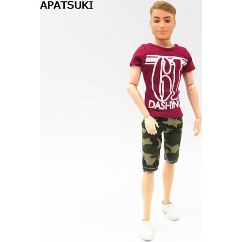 Fashion Casual Wear For Ken Doll Red T-Shirt + Camouflage Shorts For Barbies Boyfriend Ken Doll Prince Ken Male Doll Clothes