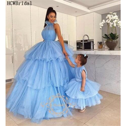Mint Blue Tiered Tulle Ball Gown Evening Dress High Neck Plus Size Mother And Daughter Dresses Robe De Soiree Arabic Prom Gowns