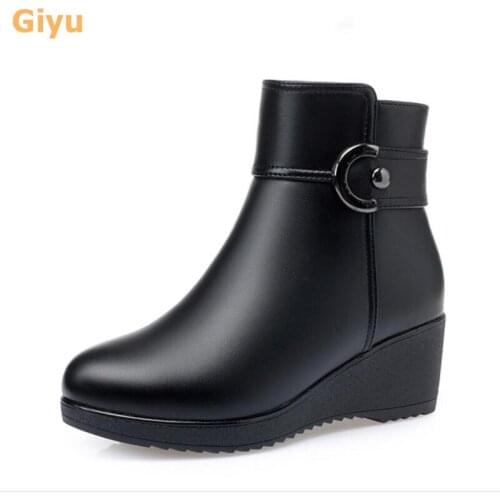 2020 new winter boots Genuine Leather Wedge heel womens ankle boots Plus size Black Wool booties Non-slip Moms cotton shoes