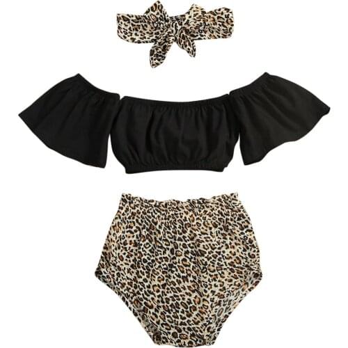Toddler Newborn Baby Girls Clothes Summer Off Shoulder Crop Tops+Leopard Shorts+Headband Set 3pcs Infant Baby Clothing Outfits