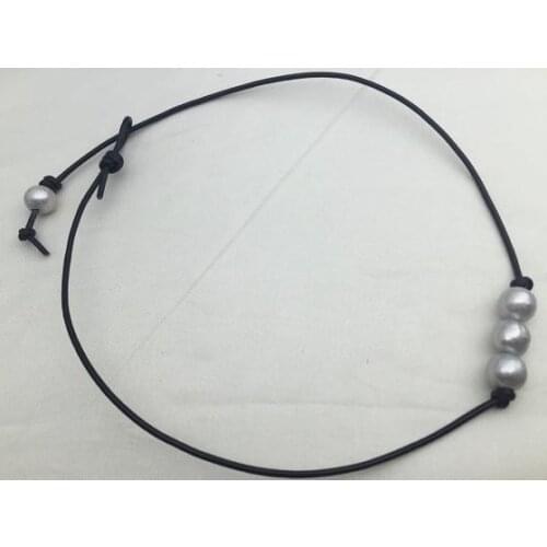 Unique Pearls Jewelry Gray Color Potato Genuine Freshwater Pearl Real Leather Necklace Charming Women Wedding Gift