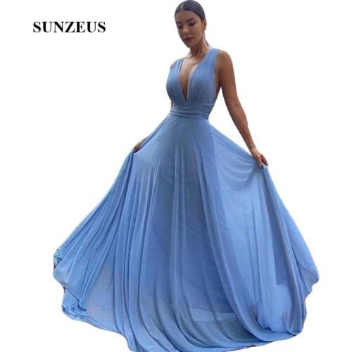 Deep V-neck Chiffon Bridesmaid Dress Long Sky Blue Wedding Guest Gowns Woman Simple Party Dress Summer