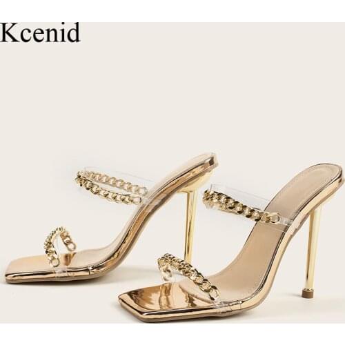 Kcenid Sexy Gold Chain Design PVC Slippers Summer Fashion Square Head Open Toe Metal High Heels Slip On Slides Women Mules