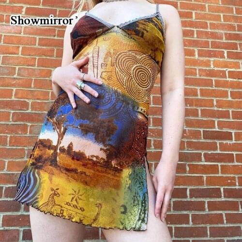 Showmirror Cute Retro Floral Print Y2K Dress Women Halter Mini Dress Backless Bodycon Sexy Dresses Off Shoulder Dress Club
