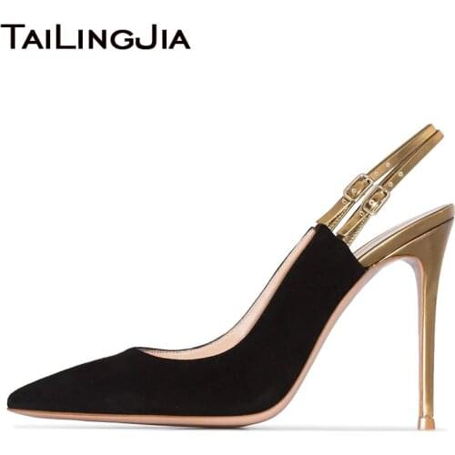 Party High Heels Women Slingbacks Pumps Pointed Toe Black Faux Suede Gold PU Leather Stiletto Heel Ladies Shoes Large Size 2020