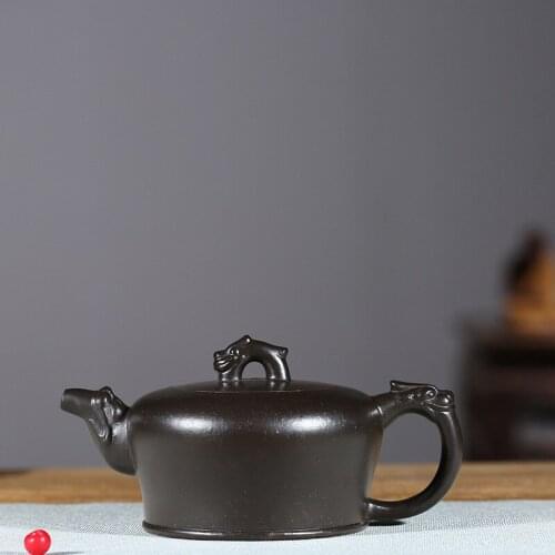 Yixing purple clay pot genuine famous artisans all hand-made raw ore azure Zhunilong Yun pot Kungfu Teapot Tea Set