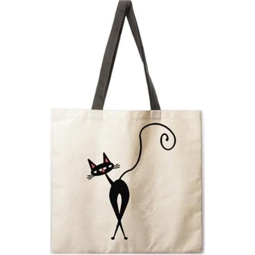 Womens beach bag foldable shoulder bag shopping bag painting line cat print tote bag linen casual tote bag reusable