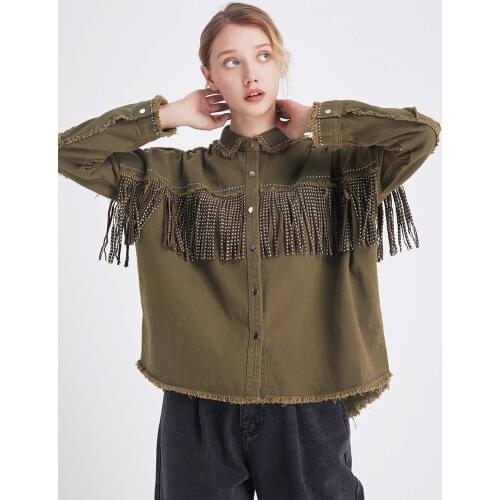 2021 New Vintage Stylish Fringe Beaded Loose Denim Jacket Coat Fashion Long Sleeve Frayed Trim Ladies Outerwear Chaqueta Mujer