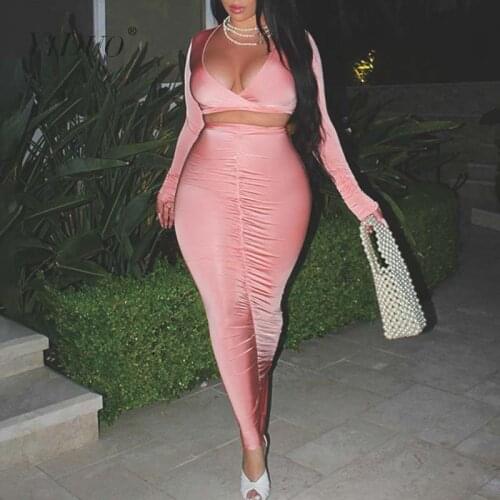YiDuo 2020 Long Sleeve V-Neck Sexy Crop Top And Long Skirt 2 Piece Set Autumn Winter Women Skinny Fashion Party Outfits Pink