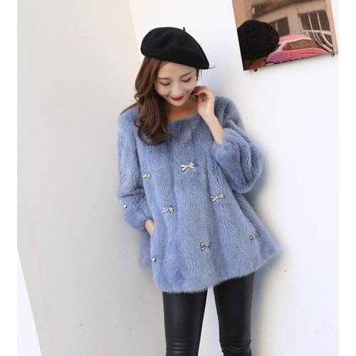 Women spring autumn winter real mink fur pullover bow whole mink fur coat loose version short jacket female o-neck outerwear