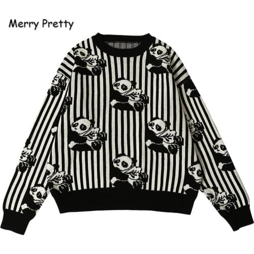 MERRY PRETTY Womens Cartton Panda Black/White Striped Embroidery Knitted Sweaters 2020 Winter Thick Jacquard Sweater Pullover