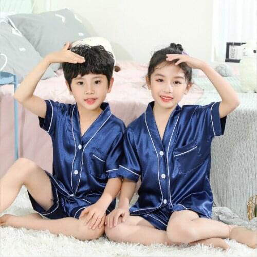 2021 Soild Kids Homewear Children Pijama Nightwear Suit Silk Summer Girls Pajamas Set Casual Boys Satin V Loungewear Tracksuit