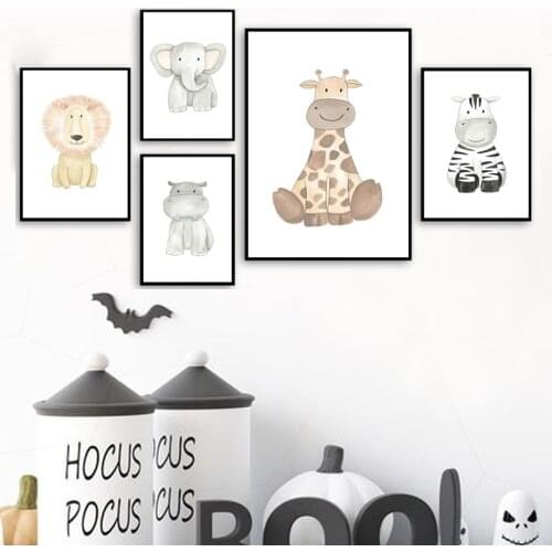 Kawaii Elephant Zebra Giraffe Lion Monkey Hippo Wall Art Print Canvas Painting Nordic Poster Wall Pictures Baby Kids Room Decor