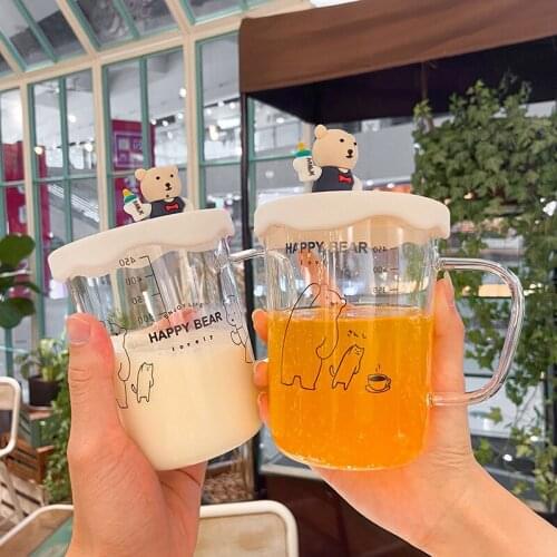 Creative Cartoon 3D Bear Glass with Lid Silicone Graduated Milk Cup Office Scented Tea Coffee Cup Glass Tea Cup