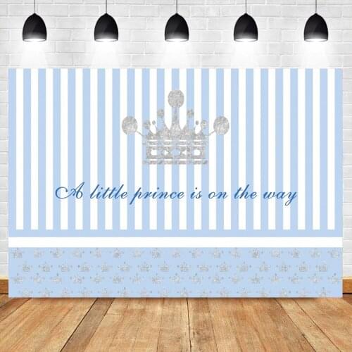 Laeacco Blue White Strips Birthday Backdrop Silver Crown A little Prince Is On The Way Customized Party Banner Photo Background
