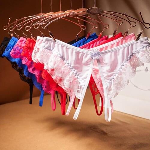 50% Hot Sales!! Panties Crotch Opening Low Waist Nylon Hollow Lace See-through Thong for Valentines Day