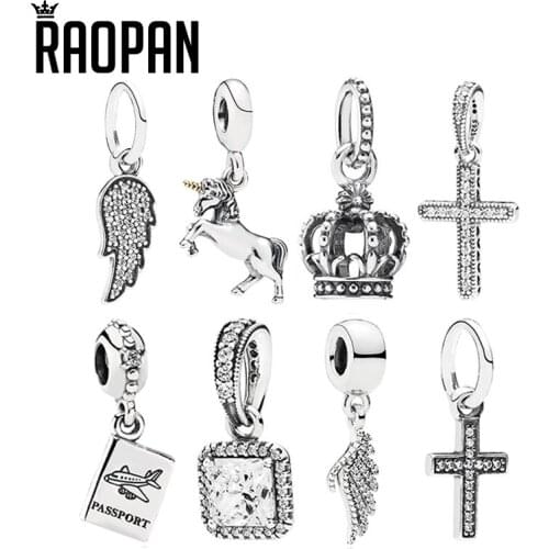 RAOPAN Zircon Angel Wings Classic Cross 925 Silver Charm Pendant Fashion Elegant Pendant Jewelry Charm