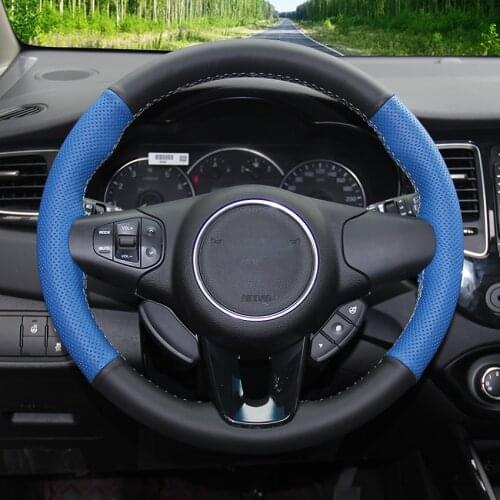 DIY Hand-Sewn Non-slip Black Blue Leather Car Steering Wheel Cover For Kia Carens 2012-2019 Car Interior Decoration Accessories