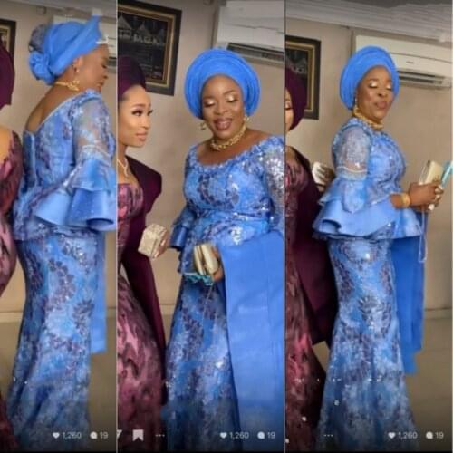 Aso Ebi Blue Mermaid Evening Dresses Scoop 3/4 Long Sleeves Peplum Plus Size Prom Dress African Women Gowns فساتين السهرة