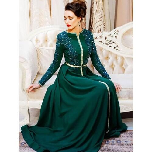 Green Long Sleeves Muslim Prom Dresses A-line Appliques Beaded Islamic Dubai Kaftan Abaya Saudi Arabic Long Evening Gown