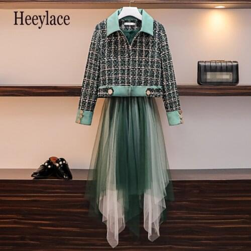 Plus size Green Tweed Patchwork Mesh Dress 2020 Autumn Winter Women Tweed Short Jacket and Spaghetti Strap Plaid Tulle Dresses