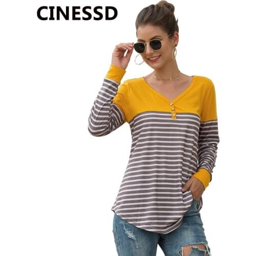 CINESSD Striped Patchwork Button Blouse Women V Neck Long Sleeve Casual Pullover Tops 2019 Slim Tee Shirts Fashion Cotton Blouse