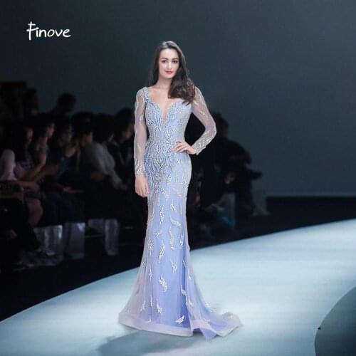 Finove Prom Dress 2020 Elegant Long Sleeves V Neck Beading Mermaid Formal Gown Dresses Robe De Soiree