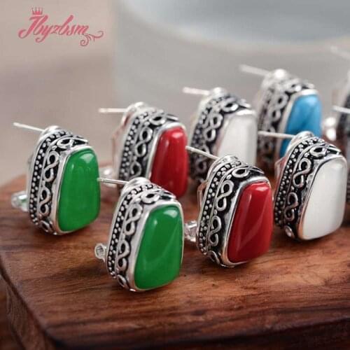 13x18mm Trapezoid Stone Beads Sandstone Agates Tibetan Silver Classical Clamp Earring For Woman Christmas Valentine Gift 1 Pair