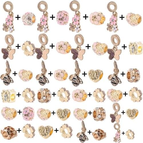 2Pcs/Lot Gold Color Bees Beads Lovely Butterfly Pendant Crystal Dangle Charm fit Original Bracelets Necklaces For Women Jewelry