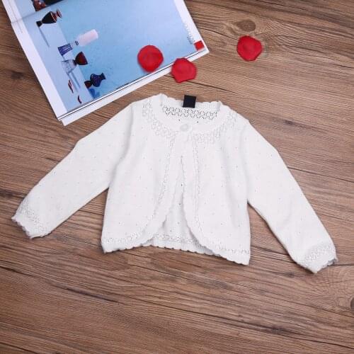 White Kids Girls Long Sleeve Lace Flower One Button Closure Knit Bolero Shrug Flower Girl Jacket Short Cardigan Knitted Sweater