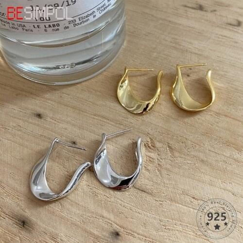 Besimpol French Style Real 925 Silver Stud Earrings U Shape Elegant Simple Daily Earrings For Women Trendy Fine Jewelry Gifts
