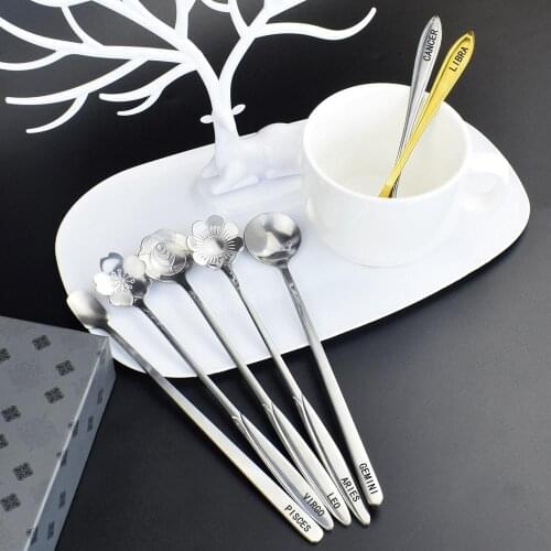 Stainless Steel Dessert Spoon Long Handle Set 12 Constellations Tableware Tea Coffee Spoons Flower Shape Zodiac Sign for Women