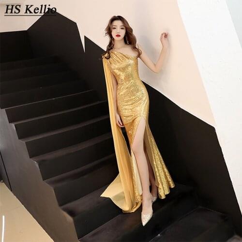 Elegant One Shoulder Prom Dress Sexy Gold Red Carpet Dresses