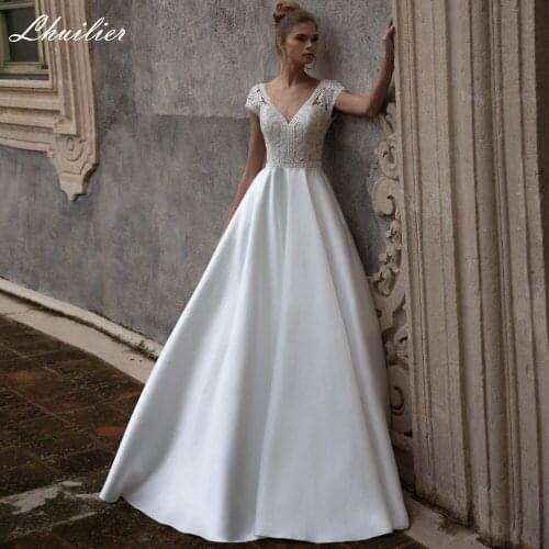 Lhuilier Elegant A Line V Neck Satin Wedding Dresses Sleevelss Lace Appliques Floor Length Bridal Gowns with Open Back