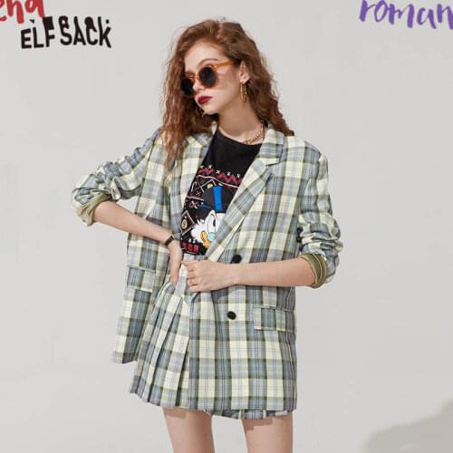 ELFSACK Plaid Chic Double Breasted Casual Women Preppy Matching Sets 2021 Autumn Korean Office Lady Daily 2 Piece Blazer Suits