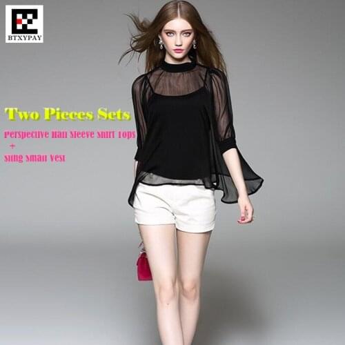 Europe Fashion Women Ultra-thin Two Pieces Sets (Perspective Half Sleeve Shirt Tops+Sling Small Vest),Top Imitation Cis Fabric