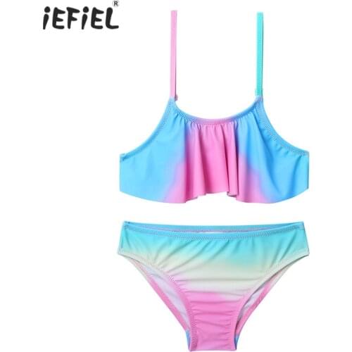 Kids Girls Tankini Two Pieces Bikini Set Adjustable Spaghetti Straps Swimwear Swimsuit Bathing Suit Set Ruffled Top with Bottoms