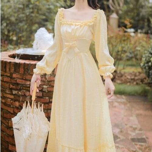 Bow Korean Long Sleeve Retro Dress 2021 autumn Princess Vintage Dress Women Elegant Yellow Patchwork Designer Party Midi Dress