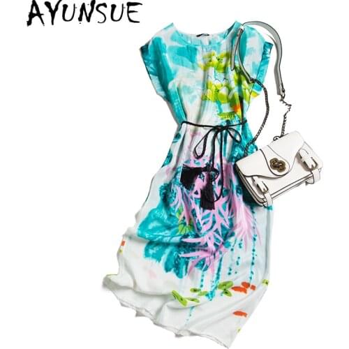 AYUNSUE Summer Floral Dress Woman Elegant Beach Boho Silk Dress 2021 Midi Vintage Clothes Vestidos De Mujer Casual KJ7065
