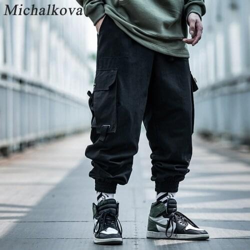 Michalkova mens dark 2020SS Paratrooper pants multi function big pocket Streetwear Pants Casual Overalls Leggings trousers Cargo
