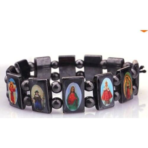 Min order $15) 2pcs/lot Rosary Jesus Saints Icon Magnetic Hematite Bracelet each with individual package